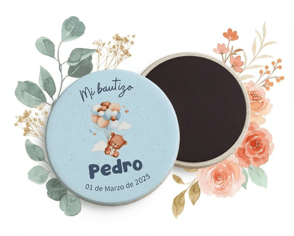 Imán para bautizo personalizado con nombre del bebé y fecha de la ceremonia — El Genio del Detalle
