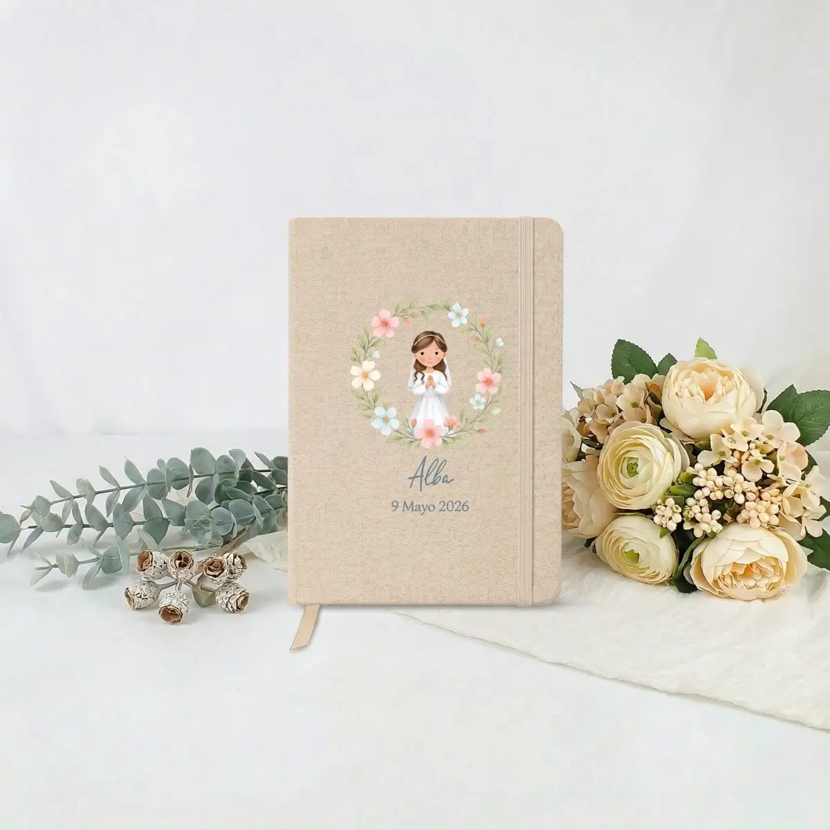Libreta algodón reciclado personalizada para comunión de niña con ilustración floral y nombre
