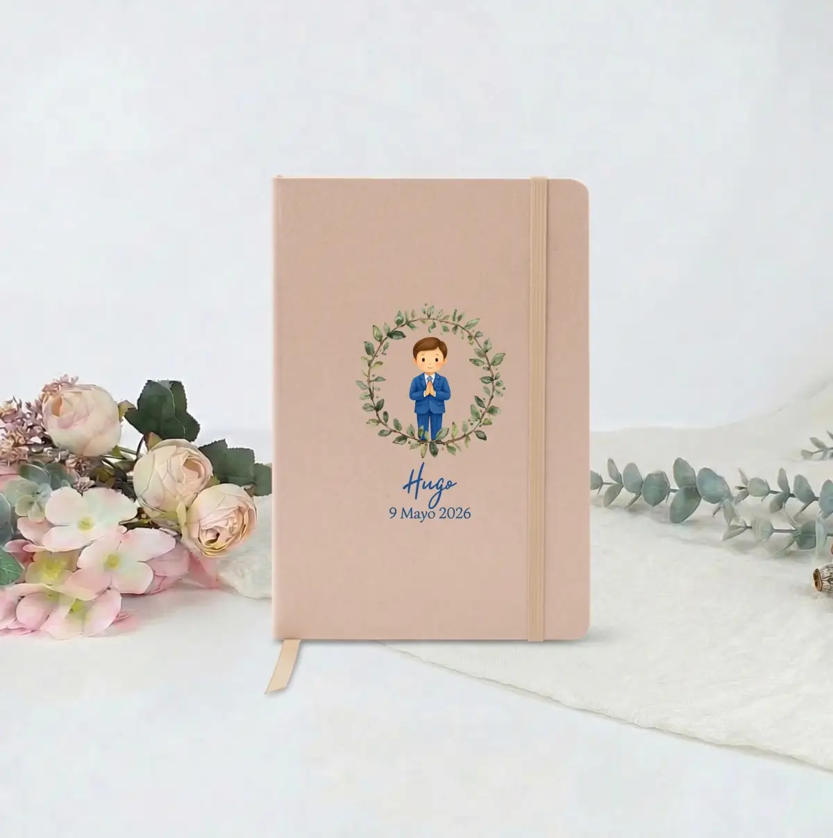 Libreta almendra personalizada para comunión de niño con ilustración y nombre